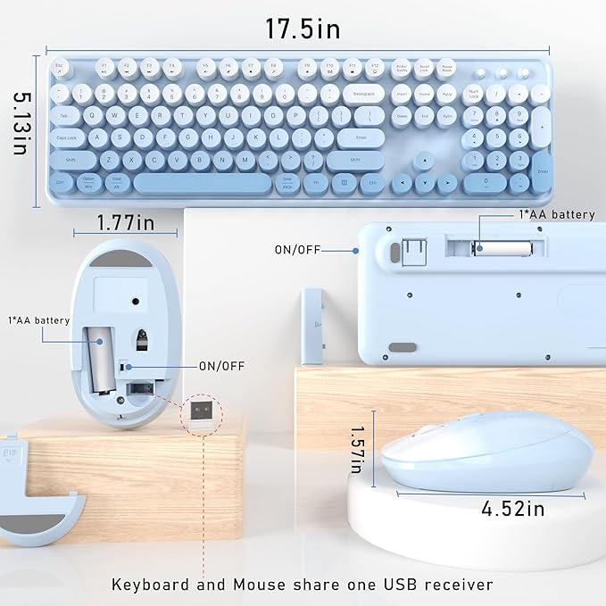 Wireless Keyboard and Mouse, Full-Size Retro Typewriter Keyboard with Round Keycaps, 2.4GHz for Windows, Mac, Laptop, PC, Desktop (Blue Gradient)