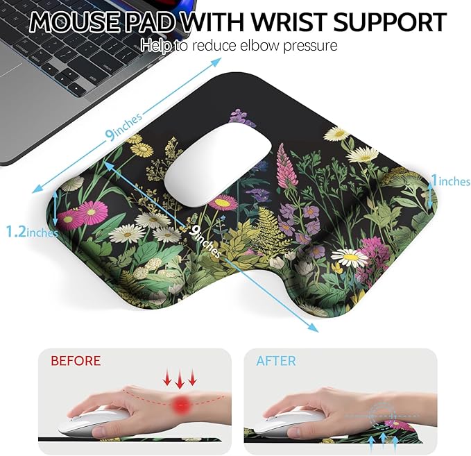 Ergonomic Mouse Pad with Gel Wrist Rest (1"& 1.2" Dual Height) - Mouse Pads Compact Mousepad Desk Mat Office, Gaming & Carpal Tunnel Relief | Non-Slip Rubber Base | Wildflower Black