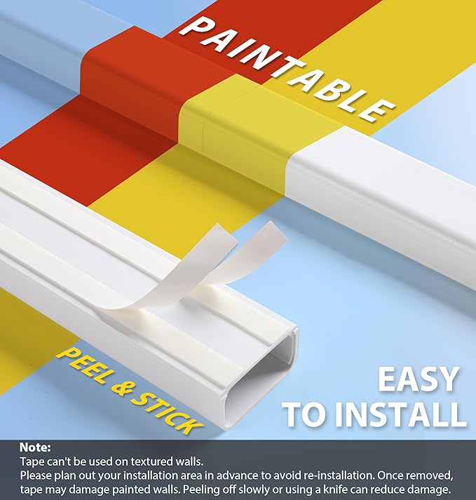 Cord Hider Wall 48in (3X L16in), X-Large Cable Management Kit for 4-7 Wires, Self-Adhesive Cord Organizer, TV Wire Cover Hide Cords Wall Mounted TV, Cable Raceway White, W1.5in H0.8in