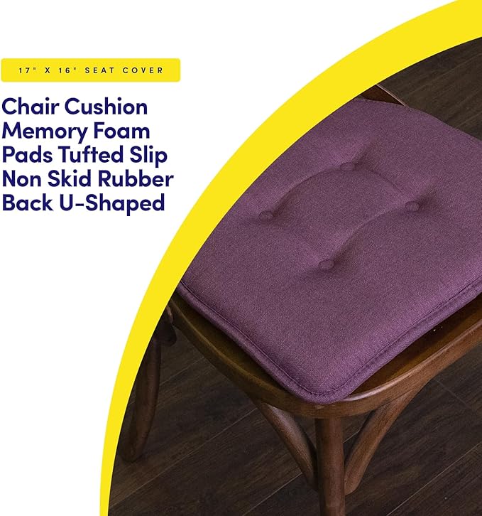 Sweet Home Collection Chair Cushion Memory Foam Pads Tufted Slip Non Skid Rubber Back U-Shaped 17" x 16" Seat Cover, 2 Count (Pack of 1), Purple