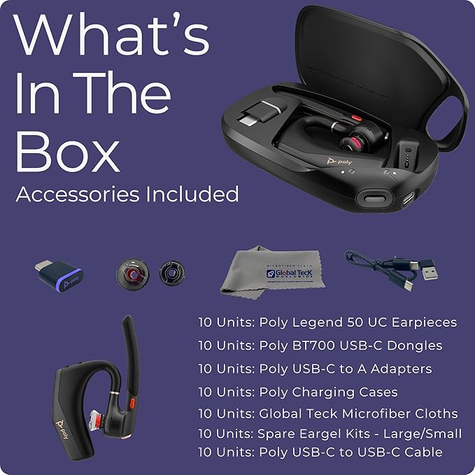 Poly Voyager Legend 50 Bluetooth Headset Noise Cancellation, 4-Mic WindSmart Tech, 10-Hour Battery, Fast Charging, 98 ft Wireless Range, Multipoint Connectivity, Voice Assistant, GTW Cloth(Pack of 10)