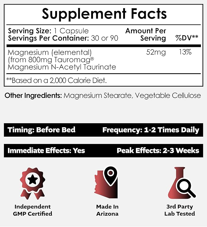 Nootropics Depot Tauromag Capsules | 800mg Magnesium N-Acetyl Taurinate | 30 Count