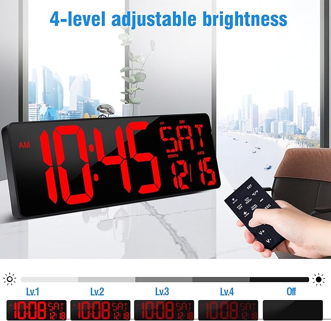 Large Digital Wall Clock（5.6'' Number）, 17.2" LED Wall Clock with Date and Temperature, Count Up/Down Timer with Remote Control, Adjustable Brightness Alarm Clock
