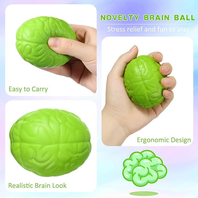 Leitee 12 Pcs Brain Stress Balls Bulk Large Halloween Brain Toys PU Hand Muscle Exercise Pressure Ball Funny Stress Relief Toy for Teens Adult Improving Grip Strength Prop(Green)