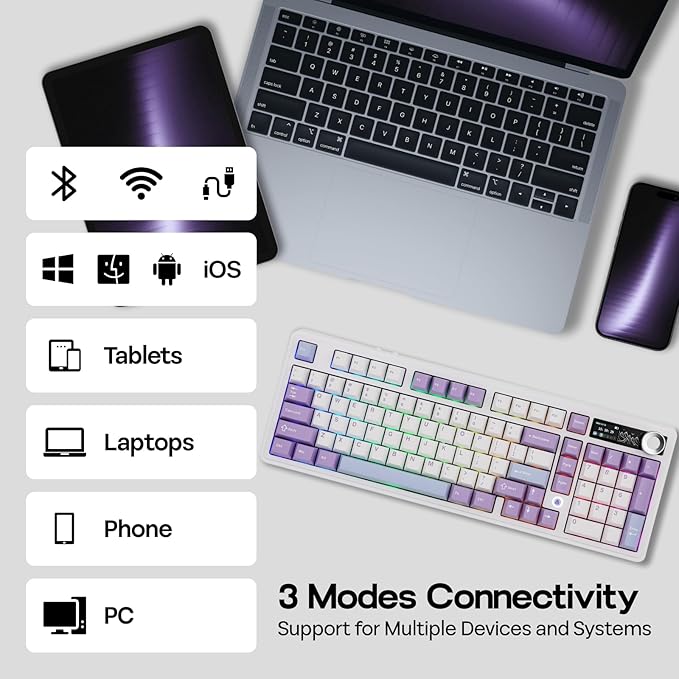 AJAZZ AK980 96% USB-C/BT5.0/2.4GHz Wireless Gaming Keyboard with 1.14’’ TFT Screen, Hot Swappable Creamy Mechanical Keyboard with FR4 Plate, Knob, RGB for Win/Mac (White, Gift V2 Switch)