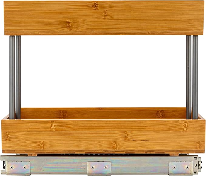 Household Essentials Glidez Steel and Bamboo Pull-Out/Slide-Out Storage Organizer for Under Sink or Cabinet Use - 2 -Tier Design - Fits Standard Size Cabinet or Shelf, Natural and Chrome