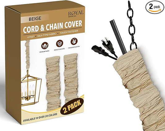 RDI Cord & Chain Cover 4 feet Silk Type Fabric, Chandelier Pendant Lighting Chain & Cable Management, Touch Fastener, Beige - 2 Pack