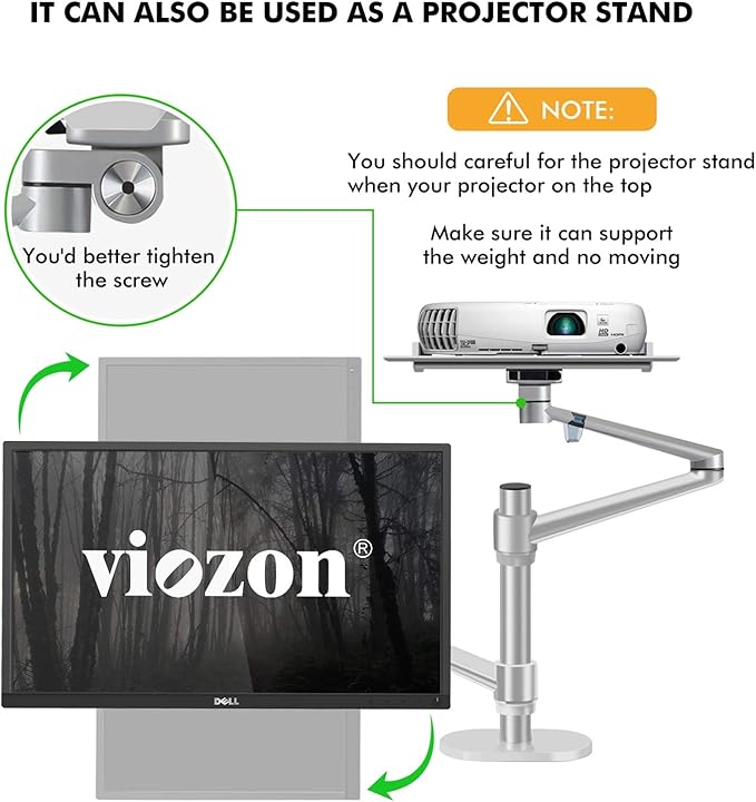 Viozon Monitor and Laptop Mount, 2-in-1 Adjustable Dual Arm Desk Mounts Single Desk Arm Stand/Holder for 17 to 32 Inch LCD Computer Screens, Extra Tray Fits 12 to 17 inch Laptops (Silver)