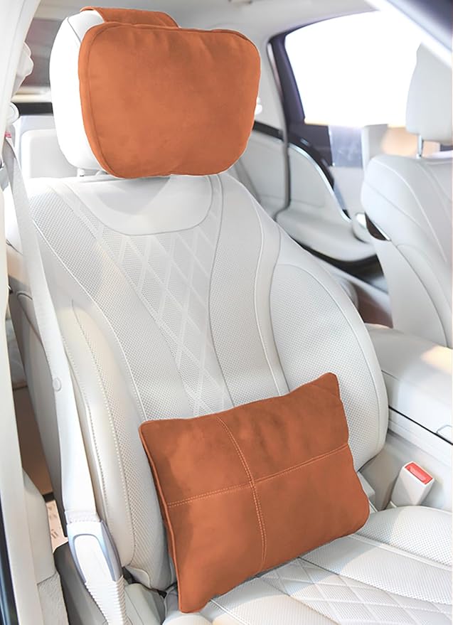 2PCS Car Pillow for Car Neck Pillow for Driving Seat Lumbar Support Soft Cushion with Extra Filling Accessories Back Support for Travel Nap and Trips Sleeping(Brown, Head and Lumbar)