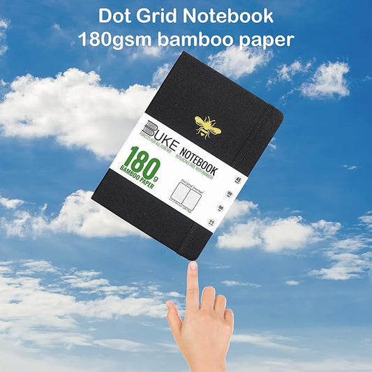 BUKE Honeybee A5 Dotted Notebook Dot Grid Journal 180Gsm Bamboo White Paper, 5 * 5MM Dot Grid 160 Pages,Colored Silver Edges,Waterproof Fabric Hardcover