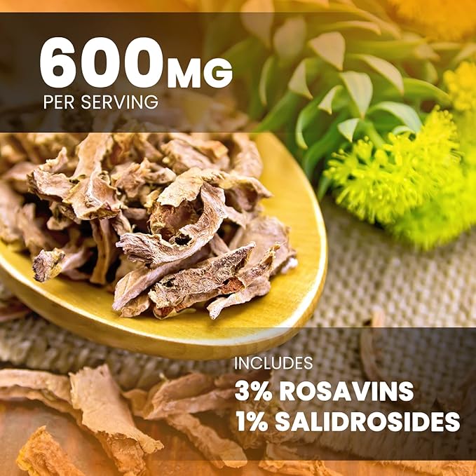 Rhodiola Rosea Supplement 600mg | 120 Vegan Capsules | Rhodiola Rosea Extract for Energy, Stress Relief, Mood and Focus | Adaptogenic Root with Rosavin & Salidrosides | 300mg Pills by NutraChamps