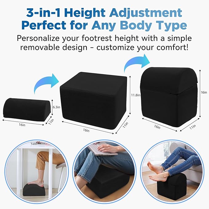 Adjustable Foot Rest for Under Desk at Work - 3-in-1 Ergonomic Foot Stool with Zipper Connection, Height Adjustable for Office, Home & Gaming (Black)