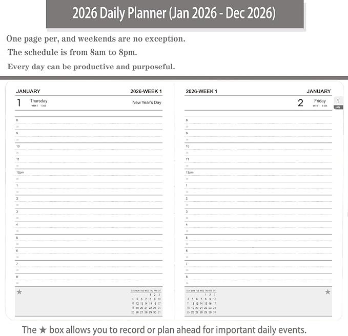 Daily Planner 2026 / Appointment Book, One Page Per Day, Jan - Dec 2026, Annual Daily Monthly Calendar Planner with Hourly Schedule and Monthly Tabs, 5.7" x 8.3" Agenda (Yellow)