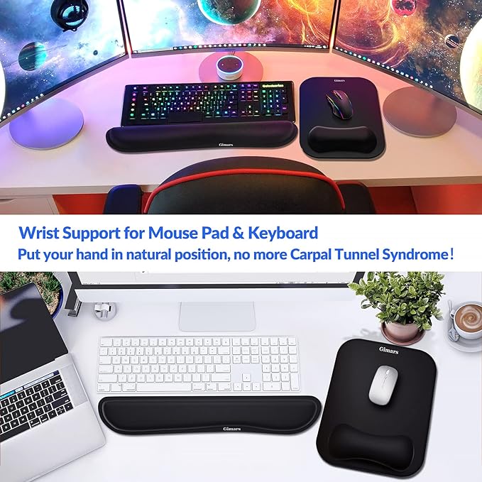 Gimars Elongate Smooth Lycra Fabric Ergonomic Mouse Pad Wrist Support, Gel Memory Foam Cushion Set Keyboard Wrist Rest Support, Pain Relieve for Computer, Laptop, Office, School, Home, Gaming, Black