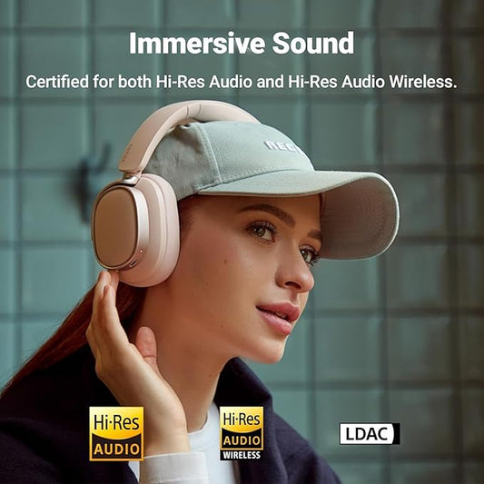 Edifier ES850NB Active Noise Cancelling Headphones, Over Ear Bluetooth Headset, 92H Playtime Wired & Wireless Hi-Res Audio Certified, Fast Charging Clear Calls for Home Office Travel (Pink)