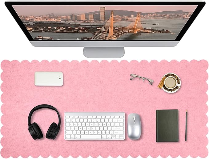 Large Felt Desk Mat with Scalloped Edges for Keyboard and Mouse 35 x 16.5 Inch Non Slip Scalloped Computer Desk Pad(Pink)