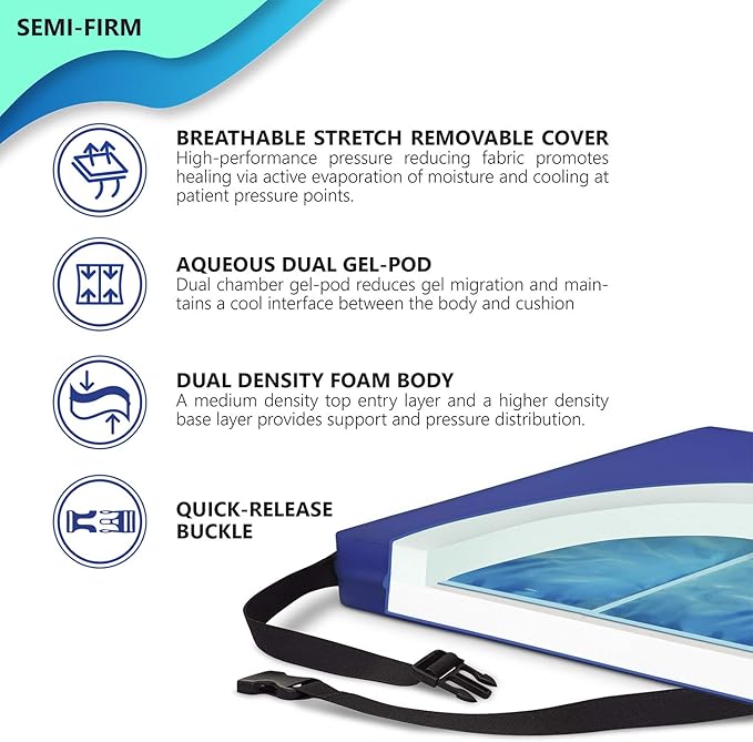 NYOrtho Gel Wheelchair Cushion - Cooling Gel Pad for Sitting - Non-Slip, Water-Resistant Seat Cushion for Pressure Relief - Ideal for Wheelchairs and Office Chairs - 16" x 16" x 3"