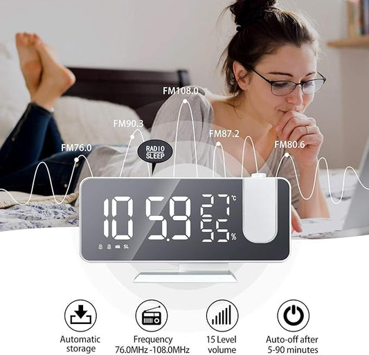 Projection Alarm Clock for Bedroom, Digital Alarm Clock with USB Charger, 7.4" Large LED Mirror Display Radio Alarm Clock, Dual Smart Alarm with Projection on Ceiling, White