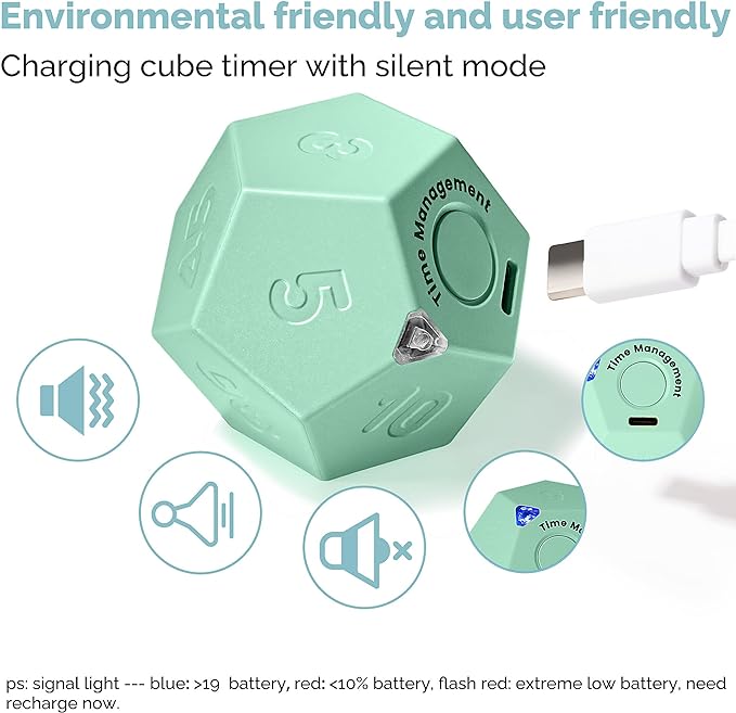 KADAMS Pomodoro Cube Timer Productivity-11 Preset Countdowns, Flip-to-Start Gravity Activation - Sound Vibrate Mute Rechargeable - Ideal for ADHD Kid Kitchen Classroom Cook Study Exercise - Green