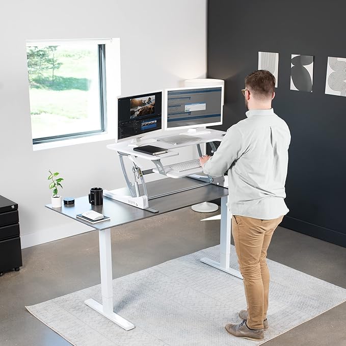 VIVO 42 inch Height Adjustable Stand Up Desk Converter, V Series, Quick Sit to Stand Tabletop Dual Monitor Riser Workstation, White, DESK-V000VLW