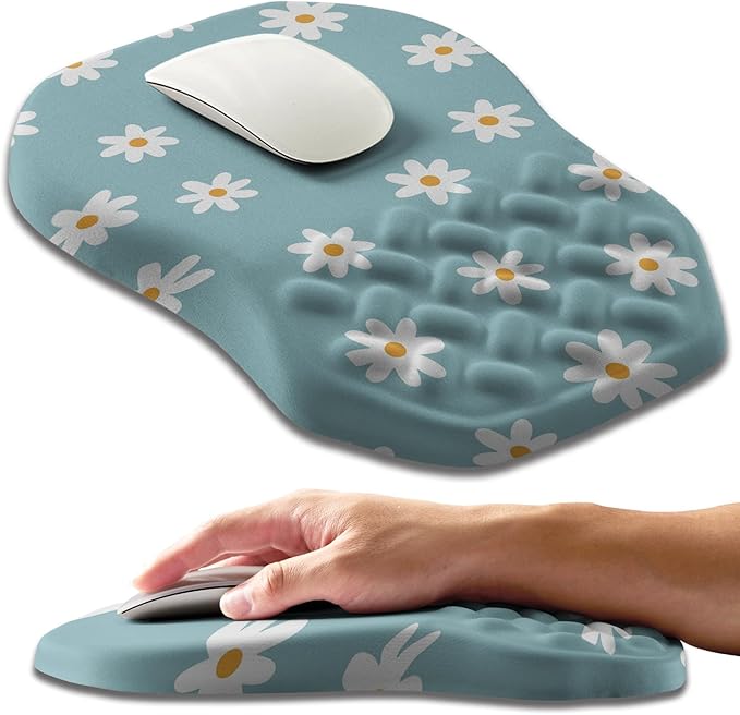Ergonomic Slope Mouse Pad Wrist Support, Wrist Rest Mousepad for Carpal Tunnel Pain Relief with Massage Bulge and Slow Rebound Memory Foam (12x8 inch, White Flowers)