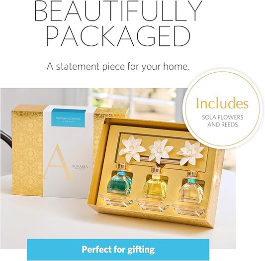 AGRARIA at The Beach PetiteEssence Collection, Handmade Sola Flower Reed Diffuser Set of 3, Luxury Home Fragrance Scented Oil Diffuser Gift Set