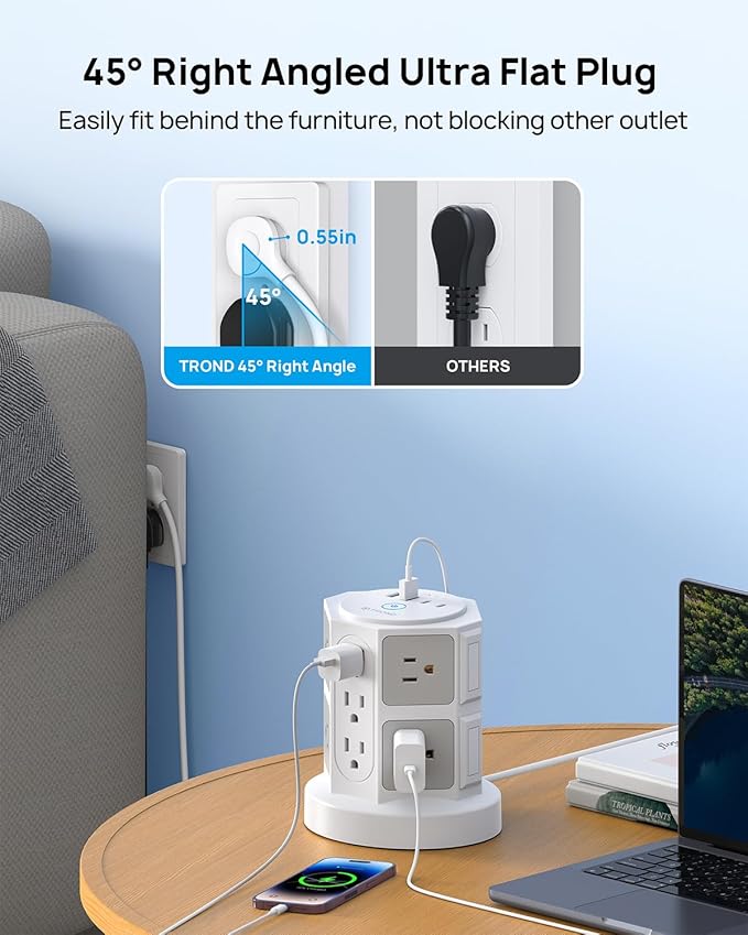 TROND Tower Surge Protector Power Strip, 10 ft Ultra Thin Flat Plug Extension Cord, 14 Widely Spaced Outlets and 4 USB Ports (2 USB-C), 2100J, Overload Protection for Home Office Desk, Dorm Essentials