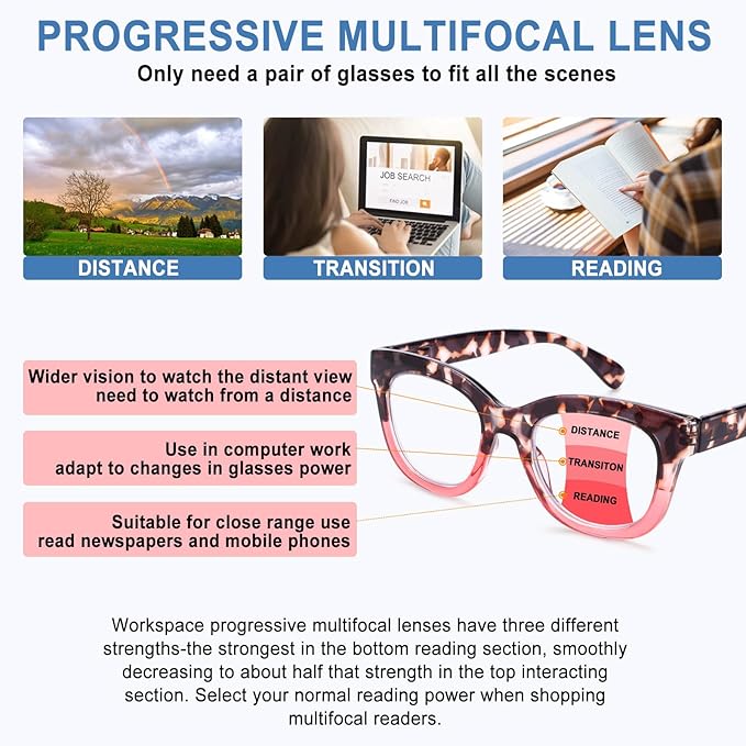 Progressive Multifocus Reading Glasses for Women Men Blue Light Blocking Computer No Line Multifocal Readers