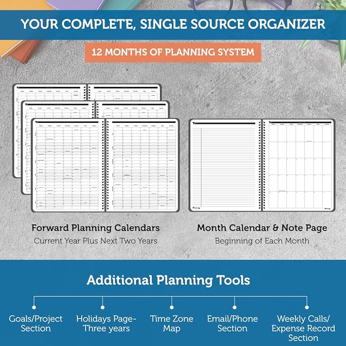 Planner Pad Spiral Bound January-December 2026/ Calendar Year 6 3/4" x 8 1/2" Medium 3-Tier Funnel Down 12 Month Organizer, Black Cover/Black Ink