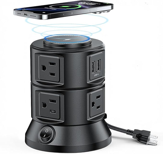 Surge Protector Power Strip Tower - Desk Charging Station with 15W Magnetic Wireless Charger, 6 AC Outlets and 4 USB (2 Type C) Ports,