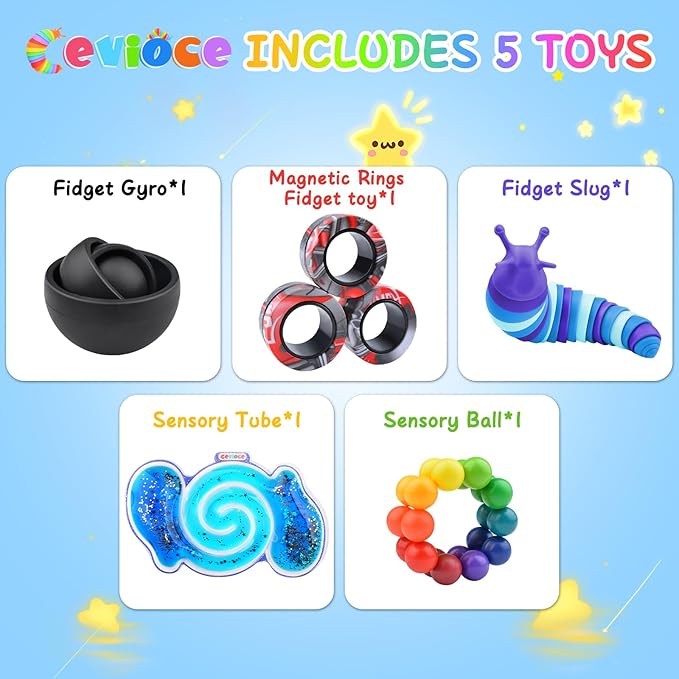 Cevioce 5Pcs Fidget Toys Adults Pack,Stocking Stuffers for Teens Boys Girls,Autism Sensory Toys with Fidget Spinner Slug Magnetic Rings,Squishy Fidget Toys ADHD Stress Relief, for Kid-B