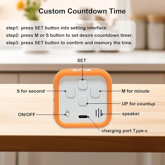 Rotating Cube Visual Timer 5, 25, 10 50 Minutes Preset + Custom Countdown, Rechargeable Desk Productivity Flip Timer with Detachable Silicone Cover for ADHD Study Work Kitchen School (Black)