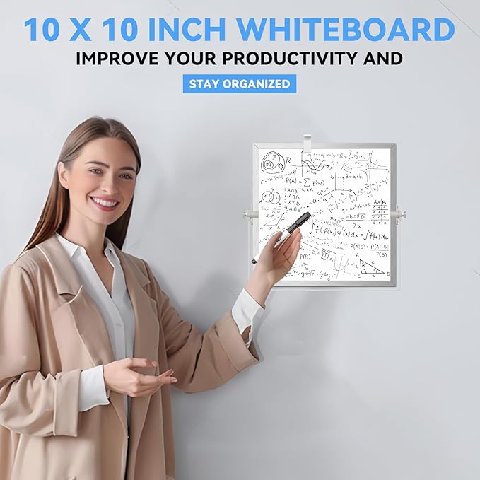 Dry Erase White Board, Cazeyoo Magnetic Desktop Whiteboard 10 x 10inch with Stand, 8 Markers, 4 Magnets and 1 Eraser, Portable Double-Sided White Board for Kids Drawing, Office, Home, School