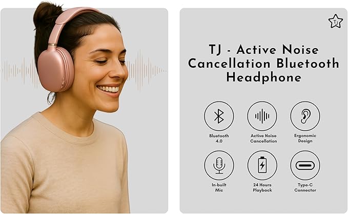TJ Active Noise Cancelling Bluetooth Over Ear Headphones | Supersoft Leather Wireless Headset Wired Built-in MIC 24H Playtime High Res Audio Travel/Work/School/Students/Running/Gym (Pink)