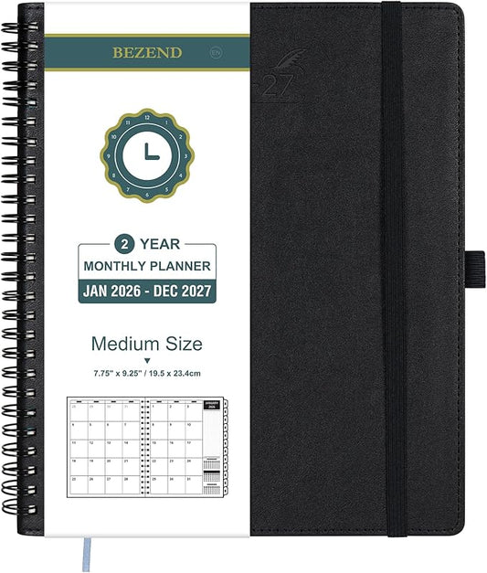 BEZEND Monthly Planner 2026-2027 (Spiral-7" x 9") 2 Year Calendar Book with Note Pages - Jan 26 to Dec 27-120 GSM Paper, Inner Pockets, Laminated Tabs, Vegan Leather Softcover - Black