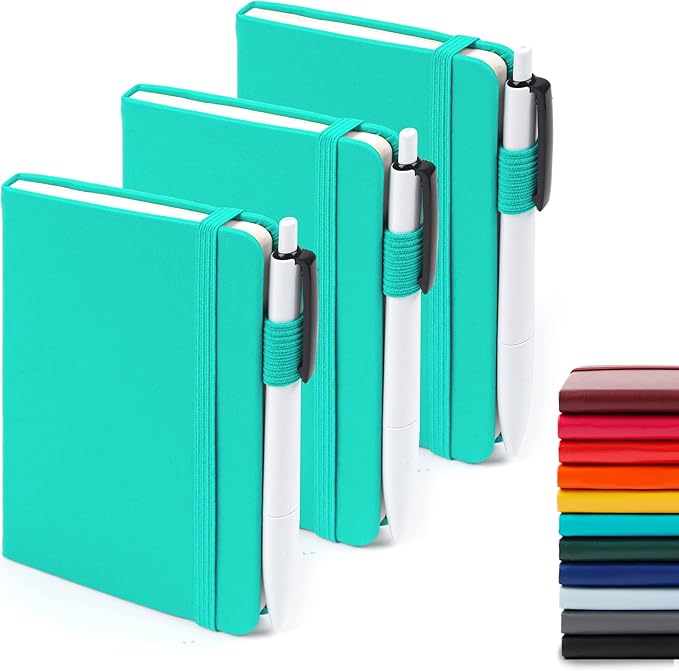 feela 3 Pack Pocket Small Notebook Journals, Mini Cute Memo Notepad Hardcover College Ruled Lined Journals with Pen Holder for Women Girls Office School, with 3 Black Pens, 3.5”x 5.5”, A6, Aqua