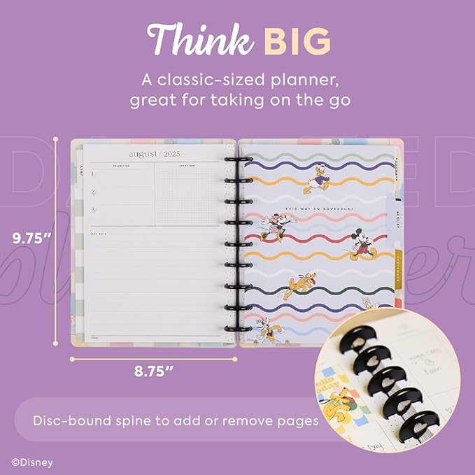 Happy Planner Disney Disc-Bound 12-Month Academic Planner, July 2025–June 2026 Planner, 3 Extra Months, 2 Sticker Sheets, Classic Size, Vertical Layout, Mickey Mouse & Friends Theme, Current Classroom, 7" x 9.25”