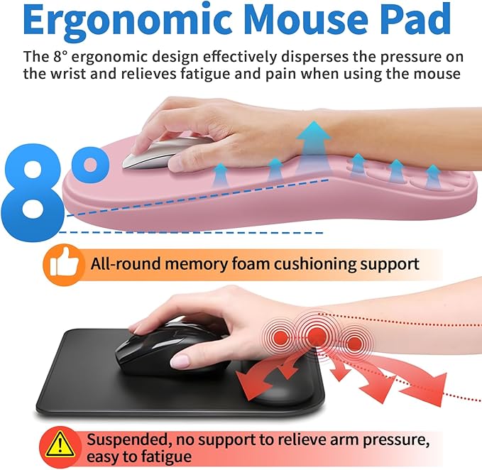 Ergonomic Mouse Pad with Wrist Rest Support, Mousepad with Comfortable Memory Foam Wrist Rest and Non-Slip PU Base for Pain Relief, Computer, Laptop, Office, Home (Pink)
