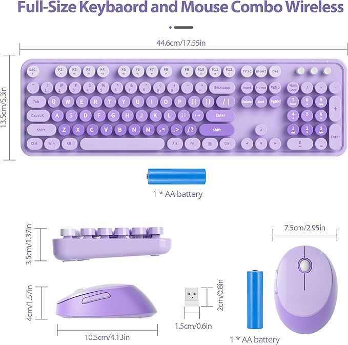 Fogruaden Purple Retro Typewriter Keyboard and Mouse Wireless, 2.4GHz Office Full-Sized Colorful Computer Keyboard with Number Pad and Cute Mouse for Windows PC Desktops Laptop