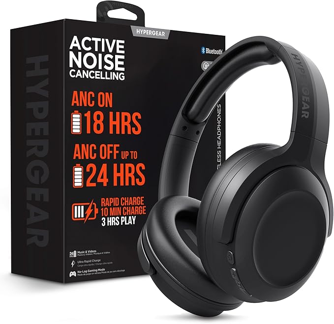 HyperGear Headphones Wireless - Black Active Noise Cancelling Headphones Over Ear Bluetooth HD Audio Deep Bass Dual Noise Canceling Mics ANC Gym Headphone Wireless Over Ear Sound Cancelling Foldable