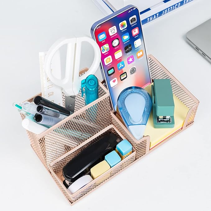 deli Mesh Desk Organizer Office Supplies Caddy with Pencil Holder and Storage Baskets for Desktop Accessories, 3 Compartments, Gold