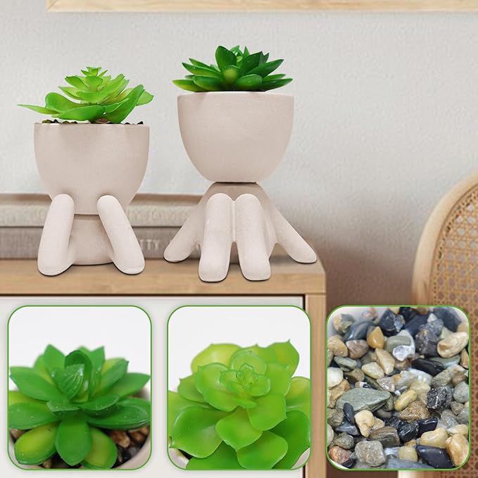Zerzsy 2PCS Cute Artificial Succulent Plants with Creative Human Shaped Pots, Desk Decoration Artificial Plants Indoor for Home Office Decoration(Cream Color)
