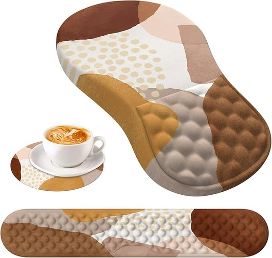 HAOCOO Ergonomic Mouse Pad with Wrist Support and Keyboard Pad Set, 3 PCS Computer Carpal Tunnel Mouse Pads for Desk with Coaster, Memory Foam Mousepad for Home Office, Brown Boho