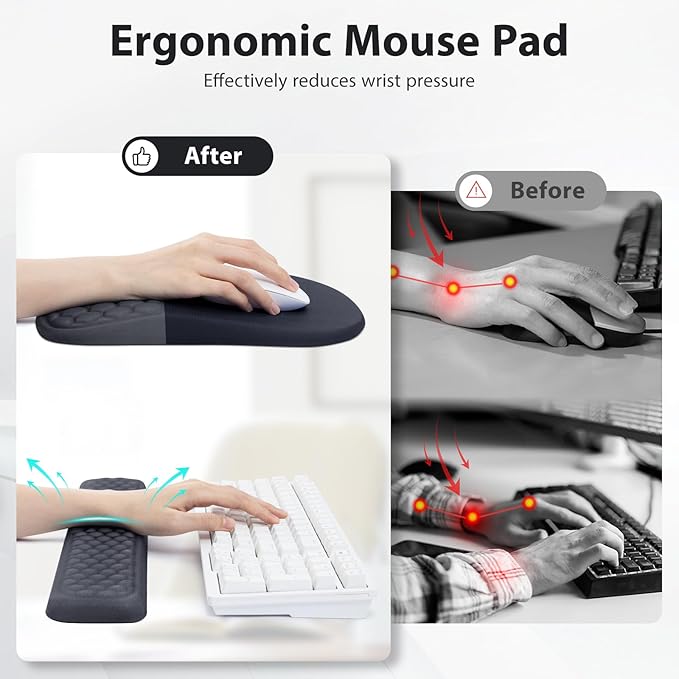 3 in 1 Ergonomic Mousepad with Wrist Rest, Gaming Keyboard Mouse Pad with Wrist Support Non-Slip Base Massage Design, Pain Relief (Black/Grey)