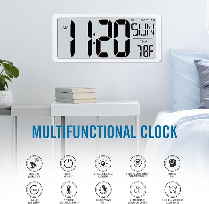 TXL 18.44" Large Amotic Digital Wall Clock with Backlight, Battery Operated Alarm Clock with Day, Date & Temperature, Jumbo Display Digital Count Up Down Timer Clock for Hoom,Classroom Room,Office
