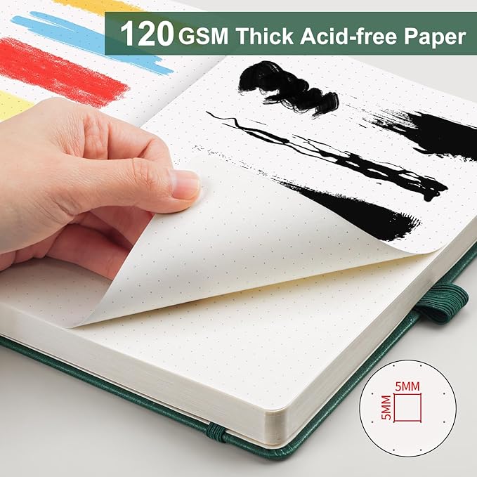 AHGXG Bullet Dotted Journal - Dot Grid Notebook Journal, 120 GSM Thick Acid-Free Paper, A5 Dotted Notebook 160 Pages, Leather Hardcover, Inner Pocket, Journal Stencil, 5.7'' × 8.3'' - Green