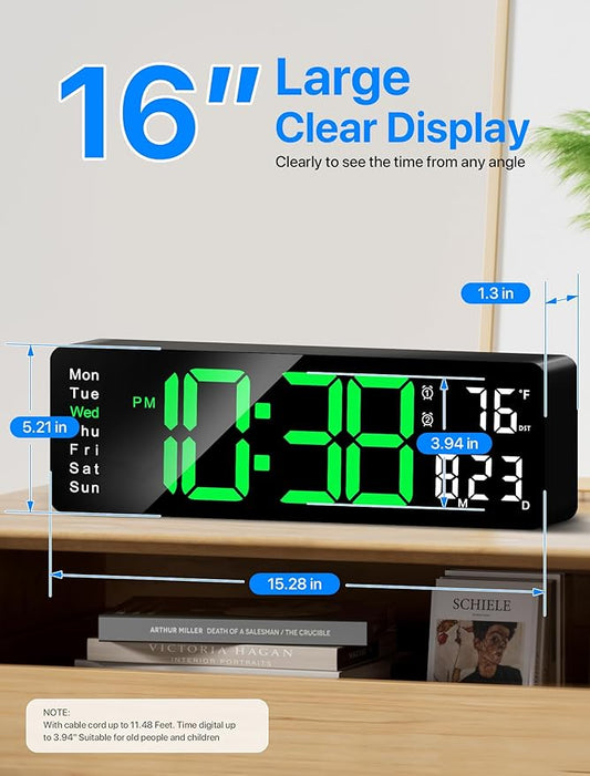 MASHI Digital Wall Clock, 16" Large Display Digital Clock with Remote Control, Auto-Dimming Wall Clock with Night Light, DST, Date Week,Temp for Living Room, Bedroom, Decor, Gift for Elderly