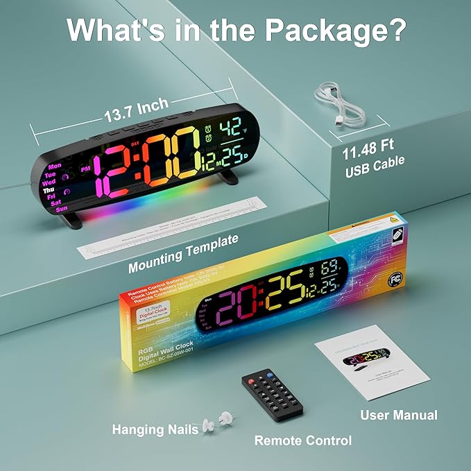 Large Digital Wall Clock, Desk Clock with Date Temperature, 11 RGB Colors, 10 Night Lights, Dual Alarm, Auto Dimming, Timer, 13.7" Digital Clock for Classroom, Bedroom, Living Room