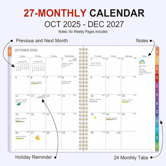 GNL Monthly Planner 2026-2027, 2 Year(27 Months) Calendar Planner, Oct. 2025 - Dec 2027, 7" x 10" Monthly Spreads & Yearly Planner, Perfect for School Office Home Planning, Purple