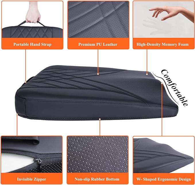 kingphenix Premium Car Seat Cushion, Memory Foam Driver Seat Cushion to Improve Driving View- Coccyx & Lower Back Pain Relief - Seat Cushion for Car, Truck, Office Chair (Black)